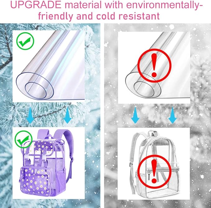 17" Daisy Clear Backpack for Girls - Flip Design Stadium Approved 3Pcs Set, Transparent Bookbag for Concert/School (Purple)