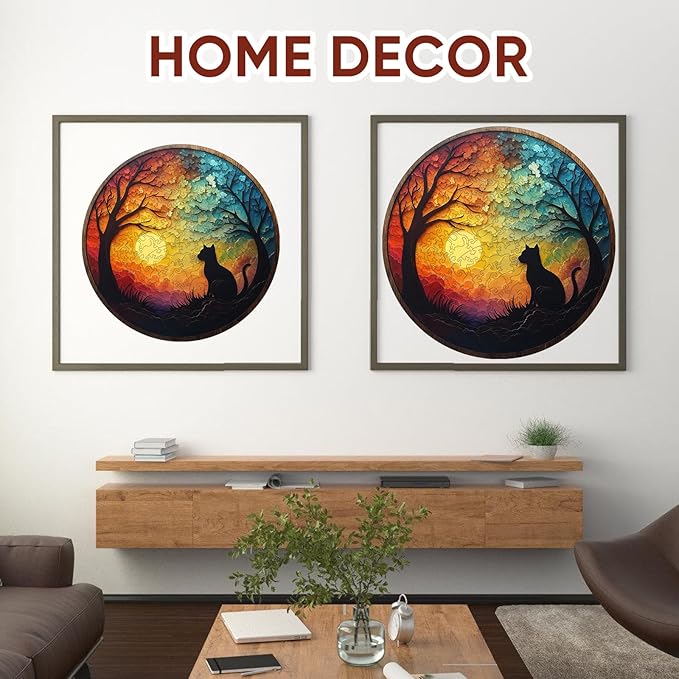 Ruikiyart Wooden Puzzles for Adults, 5MM 500Piecs Forest Cat Silhouette Wooden Jigsaw Puzzle, Unique Shape Tree Puzzle for Kids and Adults on Birthday, Thanksgiving, Christmas (16.5”x16.5”)