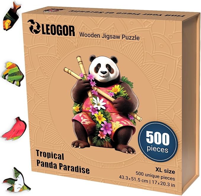 LEOGOR Wooden Puzzles for Adults – 500 Piece, 17 x 20.3 in Extra-Thick 5mm Wood Puzzles Adult, Animal Shaped XL Mosaic Jigsaw, Tropical Panda Paradise, Unique Hand-Drawn Pieces
