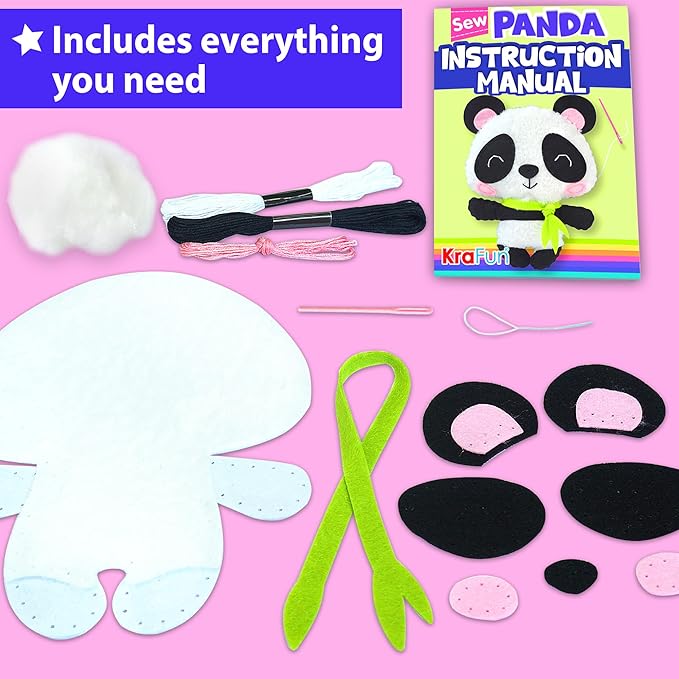 KRAFUN Panda Animal Sewing Kit for Kids Beginner My First Art & Craft, Includes Panda Doll Stuffed Animal, Instructions & Plush Felt Materials for Embroidery, Age 7 8 9 10 11 12