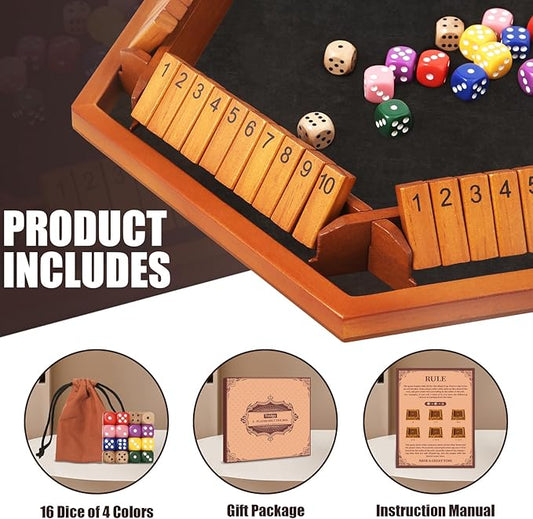 1-6 Players Shut The Box Dice Games, Wooden Board Table Math Game with 16 Dice and Instructions, Classics Close The Box Board Game for Adults Kids, Family Classroom Home or Bar