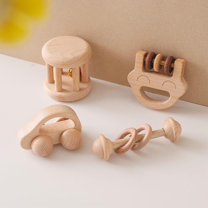 Chriswell Wooden Baby Rattle Set, Newborn Wooden Rattle Toy, Natural Wooden Montessori Baby Grip Toy, Baby Gift Toy, Wood Rattle Set-6