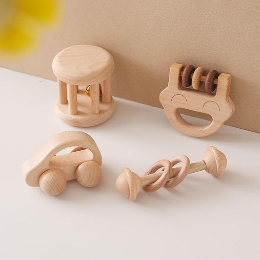 Chriswell Wooden Baby Rattle Set, Newborn Wooden Rattle Toy, Natural Wooden Montessori Baby Grip Toy, Baby Gift Toy, Wood Rattle Set-6