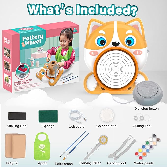 Kids Pottery Wheel Kit - Mini Pottery DIY Kit & Tools for Beginners with Clay and Sculpting Tools, Complete Painting Kit Supplies Arts and Crafts Toys Gifts for Kids 4-6 6-8 8-12 Year Old Boys Girls