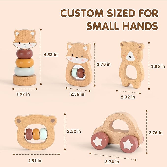 Freniland Wooden Montessori Toys, 5-Piece Wooden Baby Toys, Bear Wooden Baby Rattle, Fox Stacking Ring,Wooden Car Push and Pull Toys, Bear Grasping Toys,Newborn Baby Gift Sets for Boys and Girls
