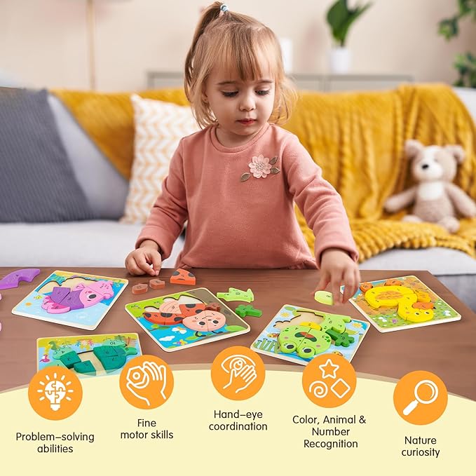 deli Wooden Toddler Puzzles, 6 Pcs Animals Puzzles for Toddler, Montessori Preschool Educational Learning Toys Make a Great Gifts for 1 2 3 4 5 Year Olds