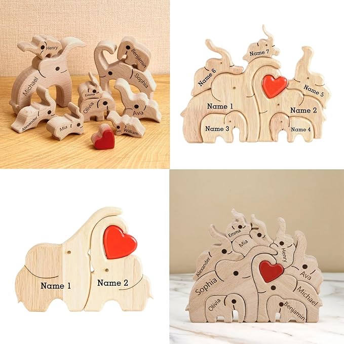 Custom Wooden Bears Family Puzzle with 2-8 Family Name - Family Decor for Mom Unique Wooden Decor Gift for Mom and Dad Mother's Day Father's Day Jigsaw Puzzles (Baby Elephant Puzzle)