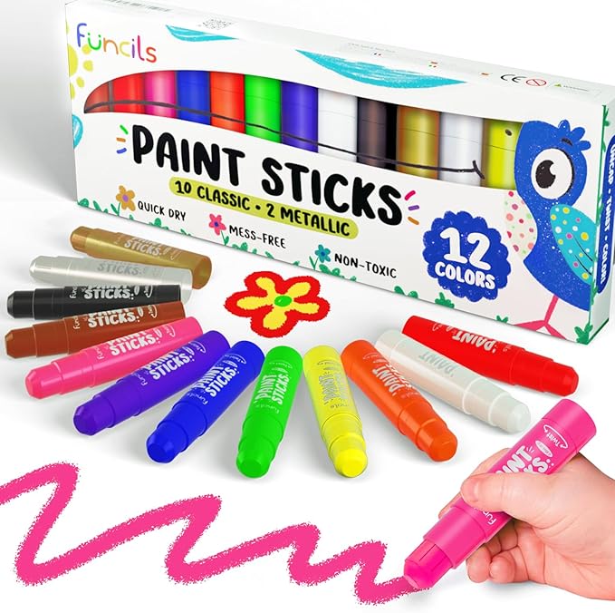 12 Tempera Paint Sticks for Kids & Toddlers - Quick Dry, Non-Toxic Washable Paint for Kids | Art & Craft Supplies Set, Solid Painting Markers with Metallic Gold & Silver Color Ages 1 2 3 4 5 6
