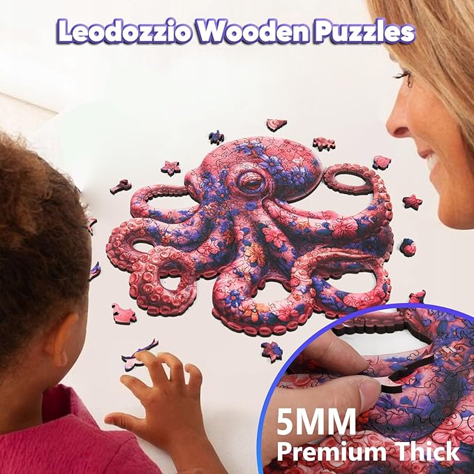 Leodozzio Wooden Puzzles for Adults, Pink Flower Octopus Jigsaw Puzzles 500 Pieces-5MM Thickness, 16.9x16.6 Inch, Unique Shaped Wooden Puzzle, Birthday Gift Family Game