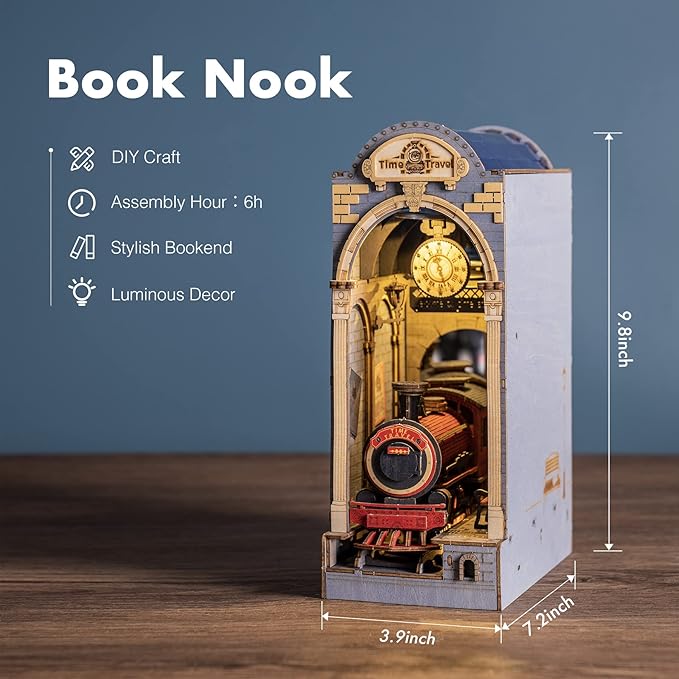 Rowood DIY Book Nook Kit, Bookshelf Insert Decor 3D Wooden Puzzle Model Kit, Bookend Building Set with LED Light - Time Travel