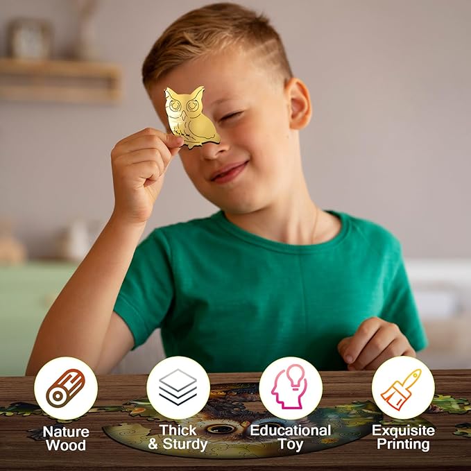 Christmas Birthday Gifts for Kids Girls Boys, Wooden Jigsaw Puzzles for Kids Ages 4-6, 50 Piece Unique Shape Animal Theme Puzzle - Preschool Learning Educational Toys for Kid 3+ (owl)