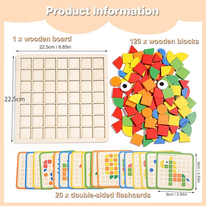 Wooden Mosaic Puzzles 120PCS Pattern Blocks Preschool Learning Activities Educational Toys Shape Matching Game Montessori Toys for Toddlers Kids Boys Girls 3 4 5 Years Old