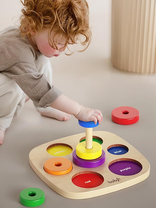 Dailyfunn Montessori Toys Wooden Rainbow Ring Stacker Color Size Learning Sorting Stacking Toy for Toddlers 1-3 Years Old