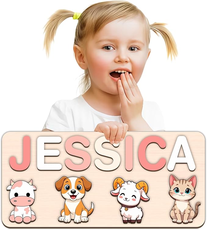 LOVELYPOD Personalized Name Puzzle for Kids, Custom Name Puzzles for Toddlers 1-3 Animal Puzzle, Customized 1st Birthday for Girls & Boys Wooden Toys for Kids, for New Baby - Style 9
