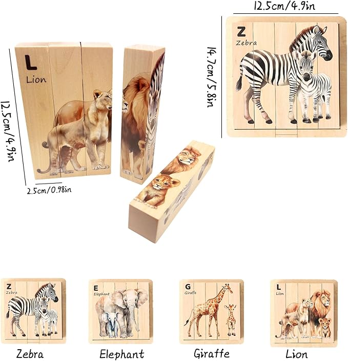 Wooden Puzzles for Toddlers, Montessori Toys, 4 in 1 Wooden Animal Puzzle Toy, Wood Block Puzzle with Durable Base, Preschool Learning Educational Toys for Kids & Toddlers