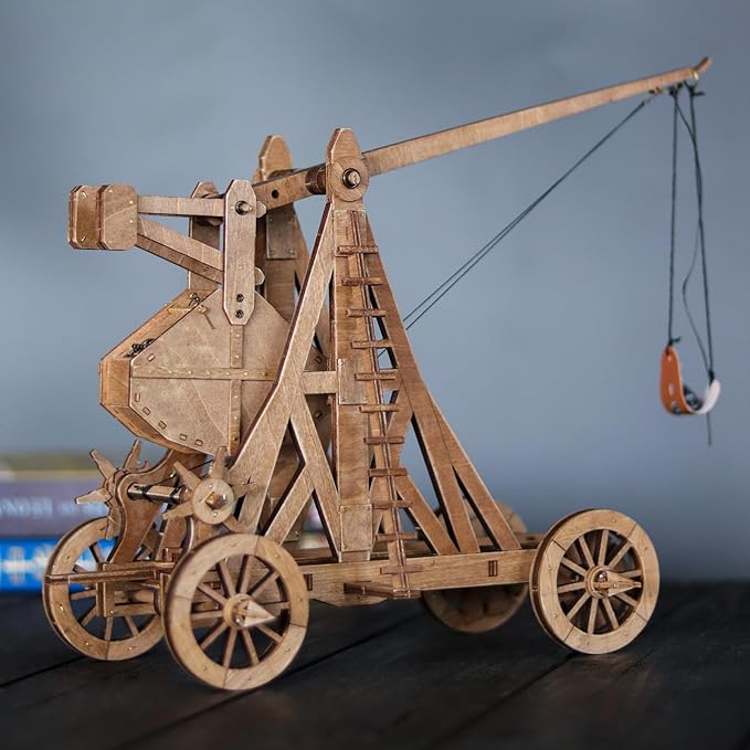 YAQUMW The Mini Counterweight Trebuchet with Four Wheels Europe Medieval Siege Weapon DIY 3D Wooden Puzzle Mechanical Model Kits STEM Projects Tabletop Toys