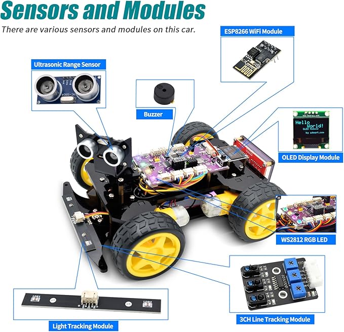 Adeept 4WD Smart Car Kit(Compatible with Arduino IDE), Line Tracking, Light Tracing, Obstacle Avoidance, Servo Motor, OLED Display, Buzzer, LED Dot Matrix Display