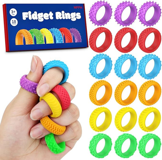 Sensory Toys Fidget Rings for Kids - 18 Pcs Chewable Silicone Quiet Classroom Fidget Toys Bulk, Spiky Small Anxiety Relief Items for ADHD Autism