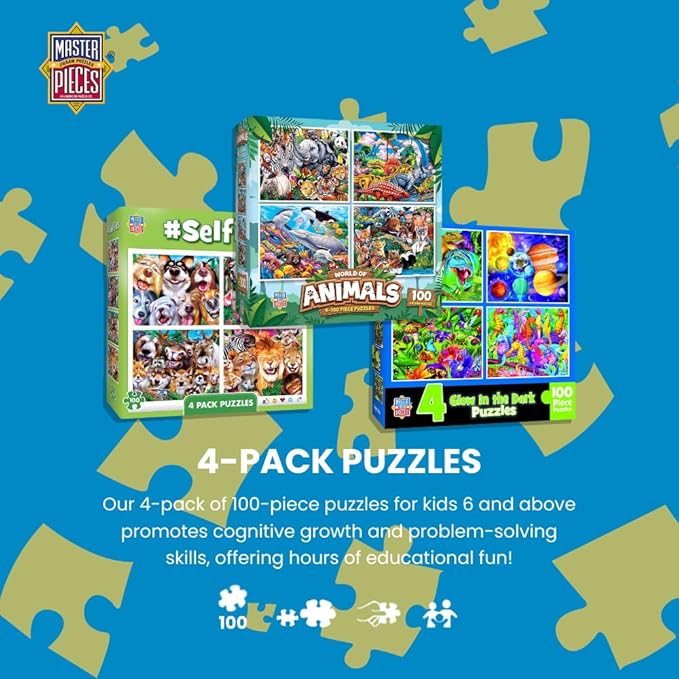 MasterPieces – Jigsaw Puzzle Set for Kids 6+ Years, 4-Pack of 100 Pieces, Educational and Fun Game, Purple Glow in the Dark Collection, Gift Idea for Children, 8" x 10