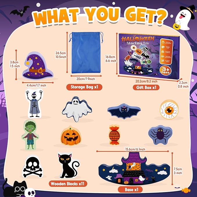 Halloween Toys for Kids 3-10 Kids Wooden Stacking Blocks Toy Birthday Gifts for 4 5 6 7 8 9 Year Old Boys Girls Toy Kid Balance Competition Games for Ages 5-7 Party Favors Boo Basket Stuffers
