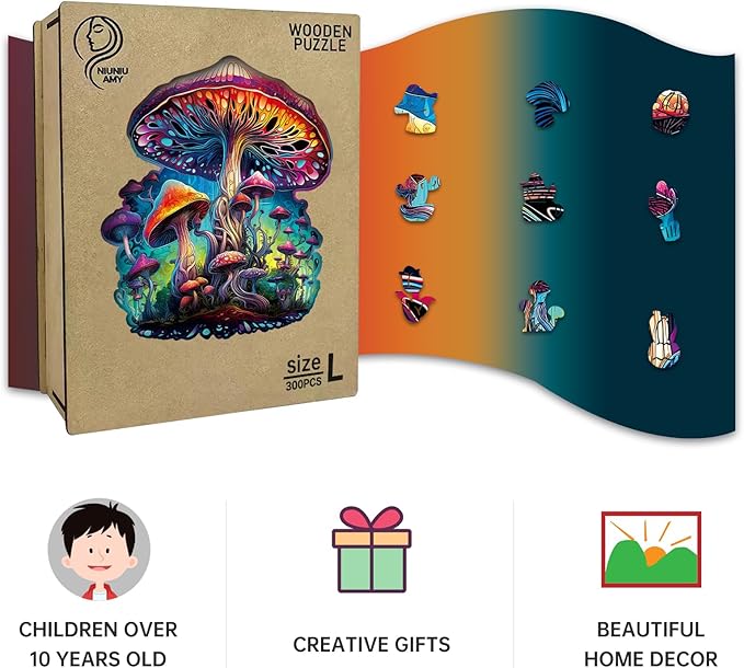 Wooden Jigsaw Puzzle for Adults,Magical Mushrooms Wood Puzzles 300 Piece,Thanksgiving Birthday Gifts Family Game,Unique Shape Puzzle Challenge 14.9 x 14.9 Inch