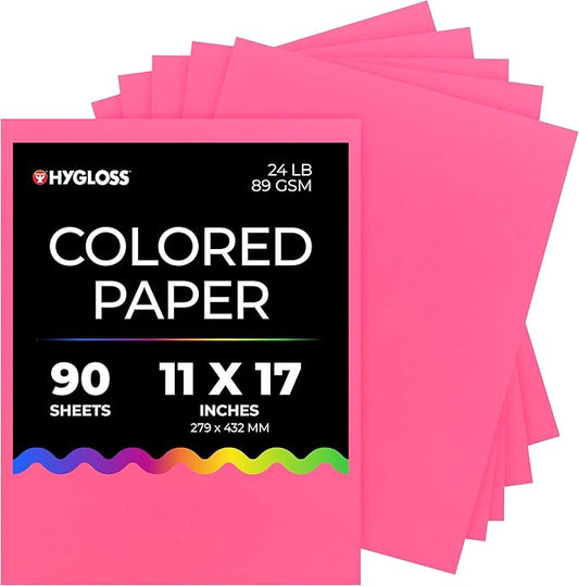 Hygloss Pink Colored Paper - 24 lb, 89 GSM, Acid-Free, Fade-Resistant, 11x17-Inch Ledger Size Color Copy Paper, 90 Sheets