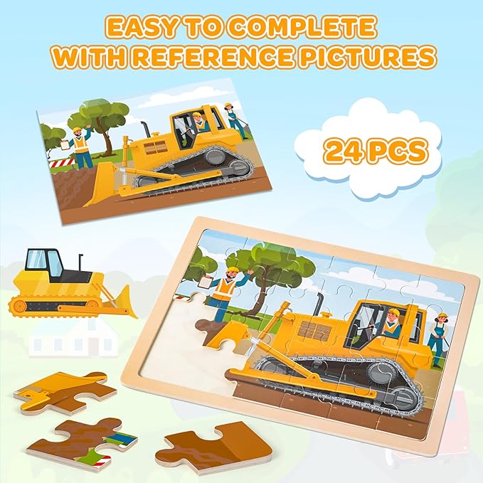 Wooden Puzzles for Kids Age 3 4 5 Year Old, 4 Pack 24 Pcs Toddler Jigsaw Puzzles for Girl Boy Vehicle Activities Preschool Learning Educational Birthday Gift Travel Autistic Wooden Toys