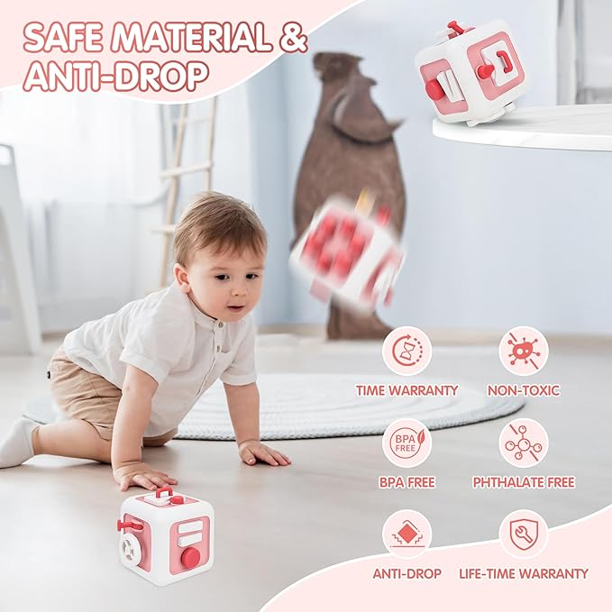 Toys for 1 Year Old Boy Girl, Montessori Busy Board Busy Cube, Travel Toys for Toddlers 1-3, 1 Year Old Girl Boy Gifts, Pink