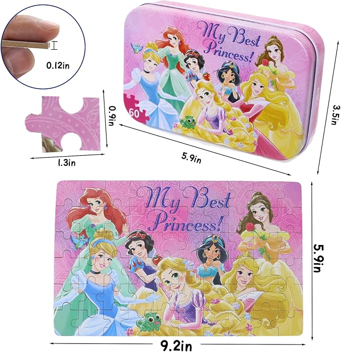 Princess Puzzles for Kids Ages 4-8 60 Pieces Puzzles for Kids Ages 3-5 Princess Puzzle for Girls and Boys Toys Jigsaw Puzzles in a Metal Box Educational Puzzles (Princess 0681)