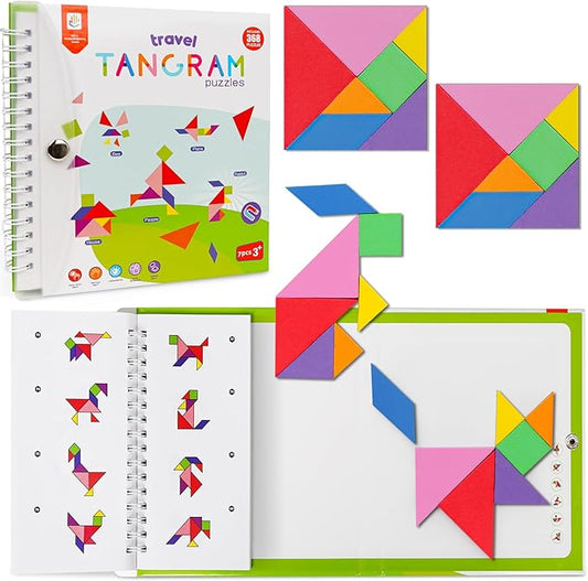 Travel Tangram Puzzle with 2 Sets Magnetic Jigsaw Boards & 368 Patterns and Solutions, Montessori STEM Airplane & Road Trip Games, Educational Brain Teaser Toy Gift for Kids & Adults