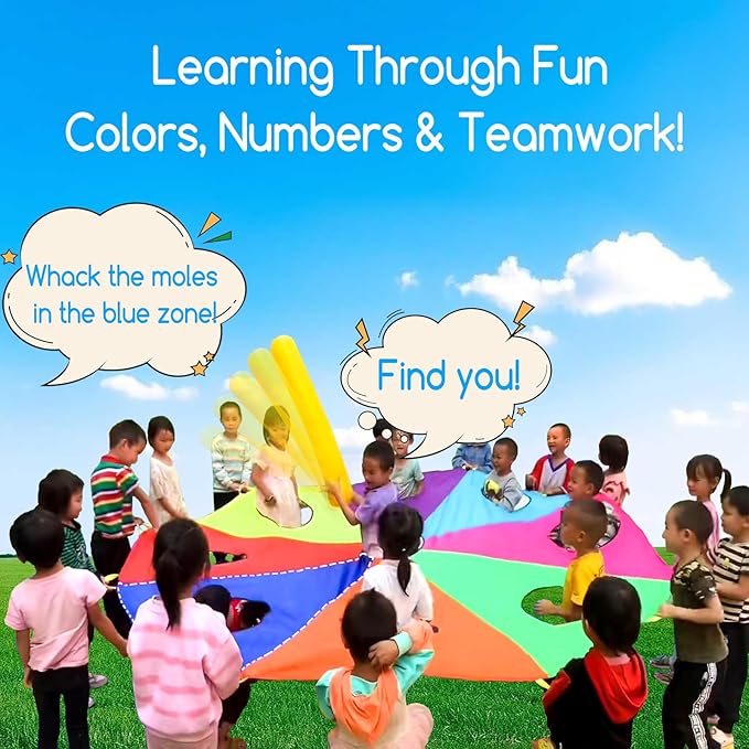 10 FT Rainbow Play Parachute Mole Game with 9 Holes, Indoor/Outdoor Fun for Kids, Families, Schools, Includes 3 Inflatable Sticks & 1 Pump, Perfect for Team Building, Group Activities