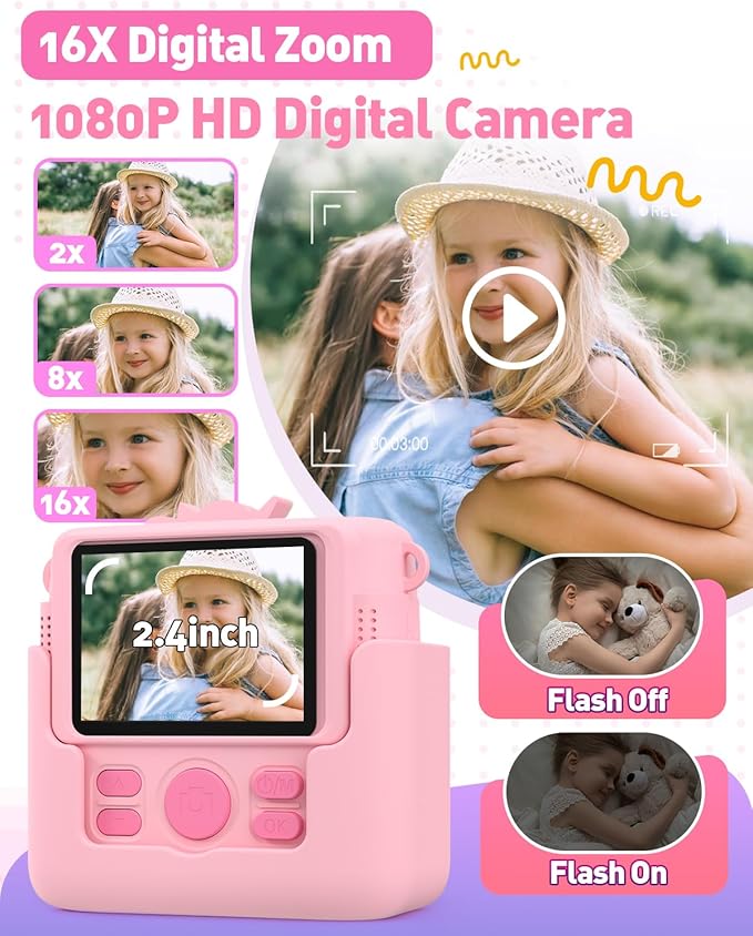 Kids Camera Instant Print with Silicone Cover, Creative Gifts for Girls Age 4-12 Birthday Christmas, 1080P Digital Camera Toy with 32GB SD Card - Pink