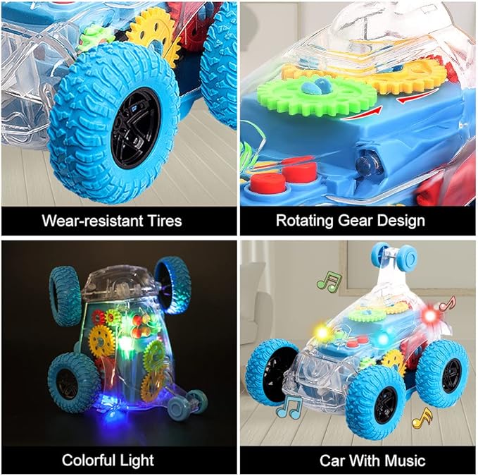 TAKIHON Sensory Toys for Kids with Autism,Light Up Toys Car for Toddlers 1-3,Bump and Go Toy Car with Colorful Moving Gears,Music,LED Effect,360°Rolling Twister,Monster Truck Toy,Toddler Car