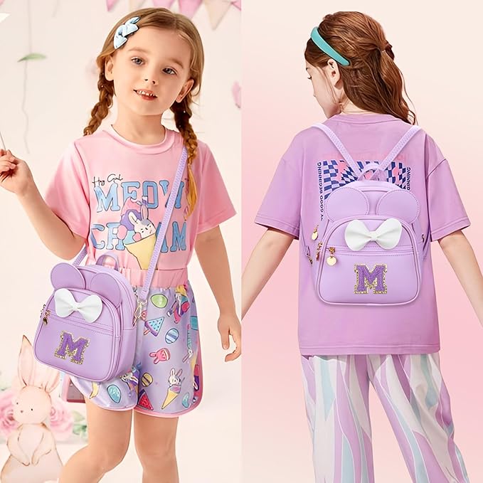 KKXIU Girls Initial Bowknot Cute Mini Backpack for Toddler, Travel Small Girl Backpacks, Personalized Trendy Stuff Gift for Little Girls and Kids(M, Purple)