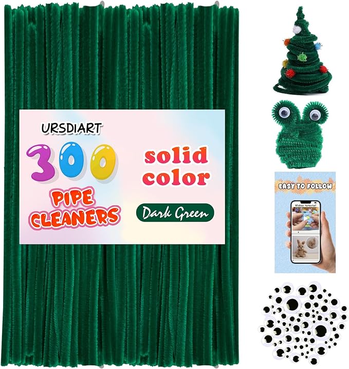 URSDIART (350pcs/Set) Green Pipe Cleaners and Wiggle Eyes, Dark Green Christmas Chenille Stems Pipe Cleaners Bulk 12 Inch Pipe Cleaners for Crafts DIY Creative，Halloween Decoration Art Supplies