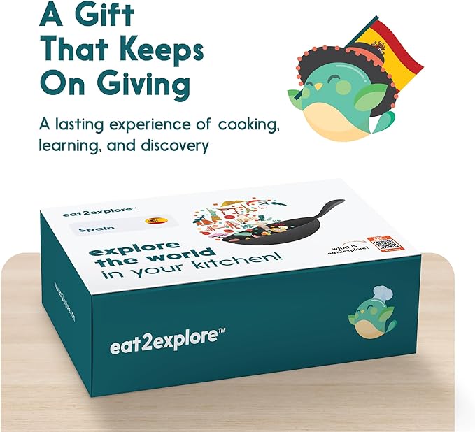 eat2explore Cooking Kits for Kids - Interactive & Educational Set with 3 Recipe Cards, Key Ingredients & Cooking Tools - Ideal Idea for Kids who Love to Create Meals (Spain Edition)