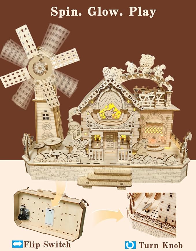 3D Wooden Puzzle Cottage with Rotating Windmill – DIY Mechanical Model Kit with Animal Miniatures, Creative Gift & Home Decor for Adults & Teens