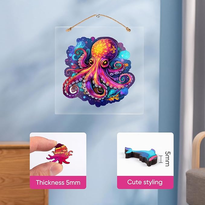 Wooden Puzzles for Adults, Octopus Jigsaw Puzzles 200 Piece, Unique Animal Shape Wood Puzzles for Adults and Kids, Fun Challenging Puzzles Family Game, 11 x 10.6 Inches, Medium Size