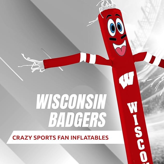 NCAA Wisconsin Football Wacky Waving Inflatable Tube Guy with LED Lights & Built-in Blower - 6" x 36" x 96" Inflatable Tube Man Crazy Sports Fan Outdoor Party Decoration