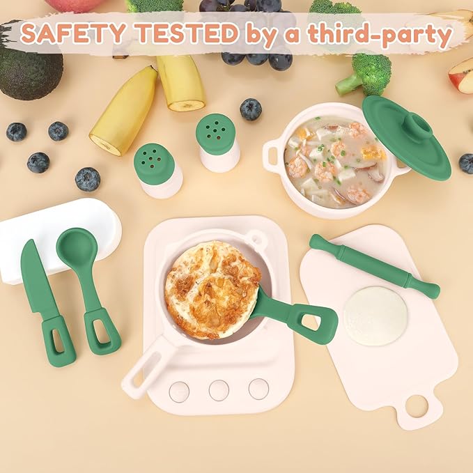TYRY.HU Play Kitchen Accessories, 11Pcs Pretend Play Toys, BPA Free Silicone Play Kitchen Set, Pretend Play for Toddlers 1-3, Pretend Cooking Playset Cookware Utensils Gifts for Kids Girls Boys, Green