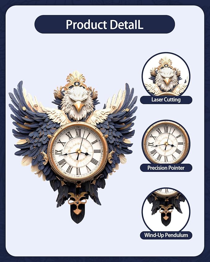 3D Wooden Puzzles for Adults, Bald Eagle Clock with Pendulum Model Kit, 3D Puzzles for Adults Room Home Decor DIY Wall Clock Kit, Holiday Birthday Christmas Day Gifts for Men Women Teens