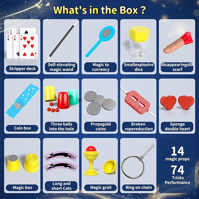 Magic Kit for Kids - 74 Magic Tricks Performance with Manual and Videos, Magic Gift Set for 6+ Years Old Beginner Magicians, Perfect for Halloween Christmas Birthday Parties & Family Fun