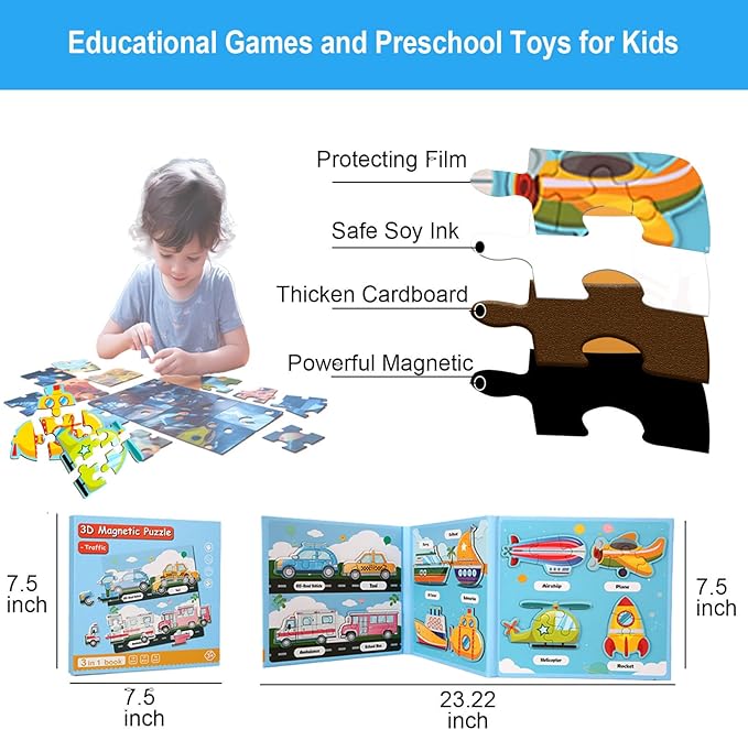 3 Pack Magnetic Puzzles for Kids Ages 3-5, Magnetic Board for Toddlers, Refrigerator Magnets,Toddler Travel Activities for 2-4 Year Old Boys and Girls (Insect + Dinosaur + Transportation)