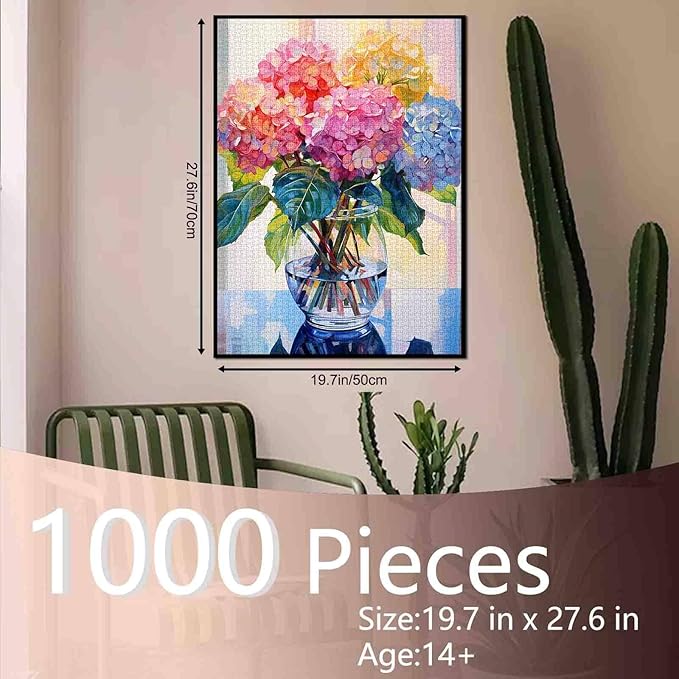 Hydrangea in Glass Vase Jigsaw Puzzle 1000 Pieces Puzzles for Adults, Blossom Flowers Jigsaw Puzzles for Challenging Family Activity Games DIY Puzzle for Home Wall Decor Gifts - 20 x 27 Inches