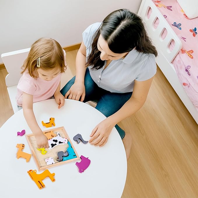 LovesTown Wooden Stacking Puzzles for Kids, Farm Animal Chunky Jigsaw, Educational Learning Toy, 12 PCS