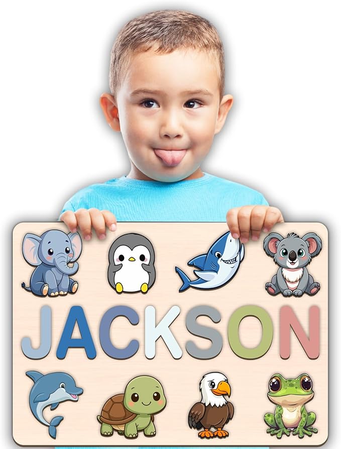 LOVELYPOD Personalized Name Puzzle for Kids, Custom Name Puzzles for Toddlers 1-3 Animal Puzzle, Customized 1st Birthday for Girls & Boys Wooden Toys for Kids, for New Baby - Style 7