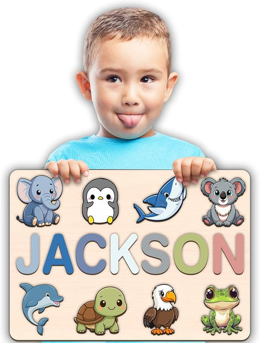 LOVELYPOD Personalized Name Puzzle for Kids, Custom Name Puzzles for Toddlers 1-3 Animal Puzzle, Customized 1st Birthday for Girls & Boys Wooden Toys for Kids, for New Baby - Style 7