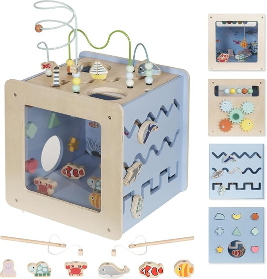 Wooden Activity Cube with Bead Maze, 7-in-1 Montessori Toys for 1+ Year Old Boys&Girls,Kids Educational Learning Toys for Toddlers Age 1-2,Under The Sea Adventure Cube with Fishing Game&Shape Sorter