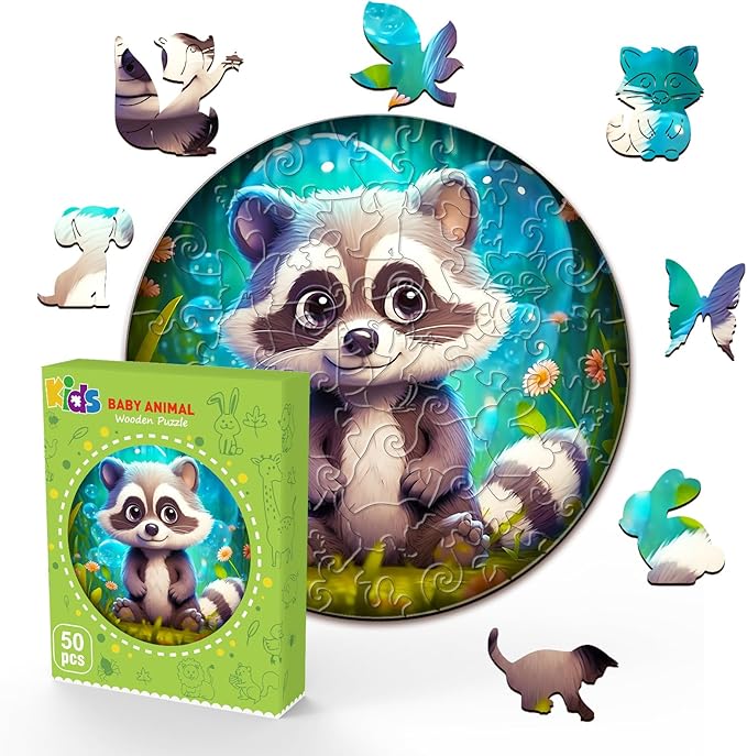 Wooden Puzzles for Kids Ages 4-8, Cute Raccoon Puzzle, Unique Animal Shaped Wooden Jigsaw Puzzles for Kid, 50 Pieces Puzzles for Kids(50pcs,11.4 * 11.4in)