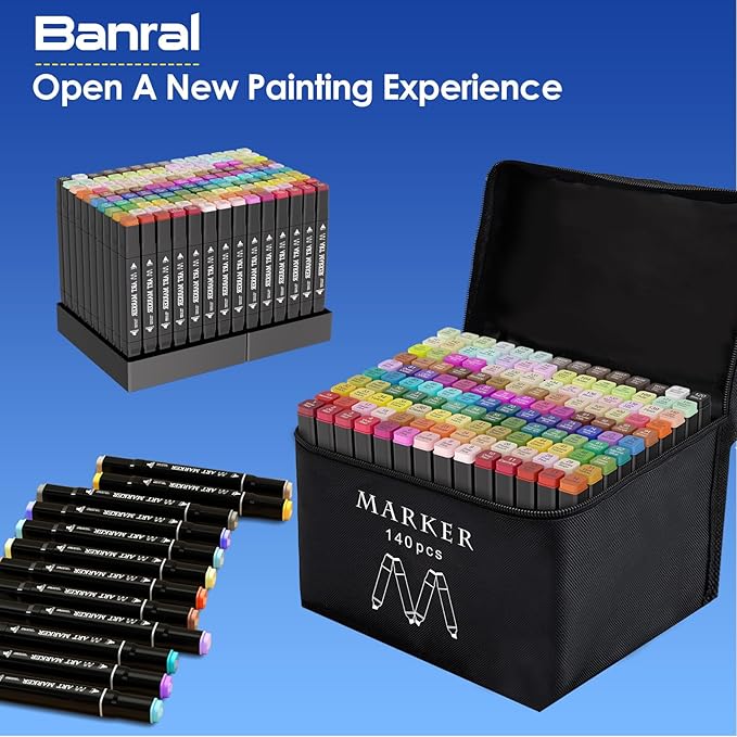 Banral 140 Colors Alcohol Markers Set, Dual Tip Alcohol Based Art Marker for Artists Kids Adult Coloring, Permanent Illustration Sketch Pens for Drawing with Case and Holders
